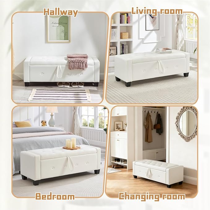 48” Storage Ottoman Bench, Upholstered Button-Tufted End of Bed Bench with Soft-Close Hinge & Solid Wood Legs, Foot Rest for Living Room, Bedroom, Hallway (Faux Leather, White)