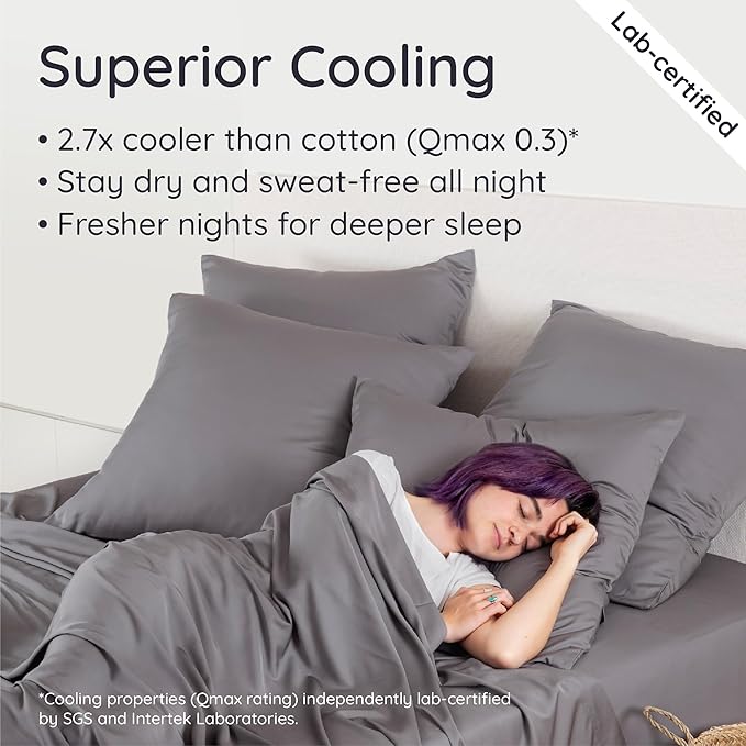 Bambaw 100% Viscose Derived from Bamboo Sheets Queen Size Set – 6pcs Deep Pocket Cooling Queen Sheets, Fits Up to 16'' with Elastic Corner Straps, Buttery Soft Sheets Queen (Dark Gray)