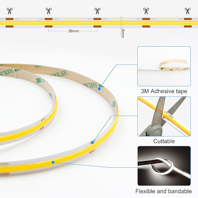 65.6ft COB LED Strip Light Natural White, High Bright LED Strips with 320LEDs,RF Remote and UL Power Supply,4000K Dimmable LED Lights for Bedroom,Kitchen,DIY Home Decoration, 2 Rolls of 32.8ft