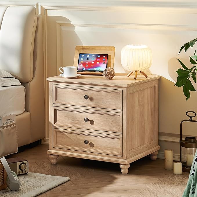 24" Wide Farmhouse Night Stand Set of 2,Large End Table with 3 Drawers & Metal Handle,Wood Dresser for Bedroom,Bed Side Table Chest of Drawers Cabinet,Natural Nightstand for Living Room,Closet