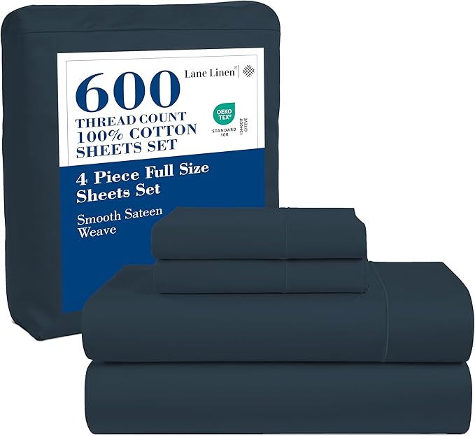 LANE LINEN Full Size Bed Sheets Set - 600 Thread Count Full Sheet Set - 100% Cotton Sheets Full Size Bed Set, Soft Cotton Bed Sheet Set, Sateen Weave Hotel Sheets, Luxury Full Sheet Set - Estate Blue