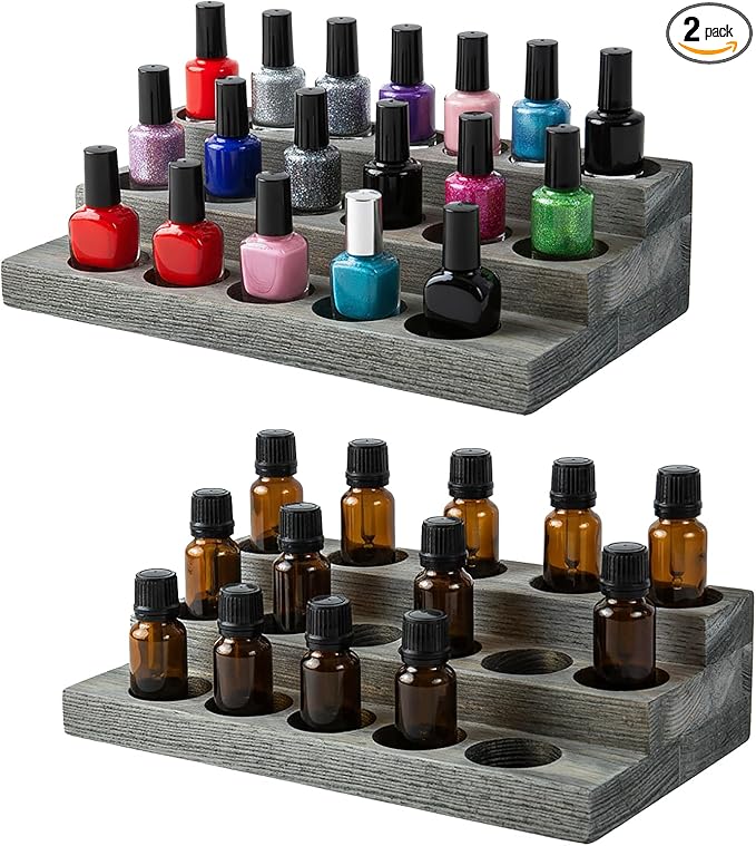 MyGift Set of 2 Vintage Gray Wood 3-Tier Essential Oil Display Stands, Countertop Organizer Rack for 17 Bottles Each