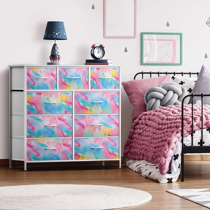 Sorbus Dresser with 9 Drawers - Furniture Storage Chest for Kid’s, Teens, Bedroom, Nursery, Playroom, Clothes, Toys - Steel Frame, Wood Top, Fabric Bins (Tie-dye)