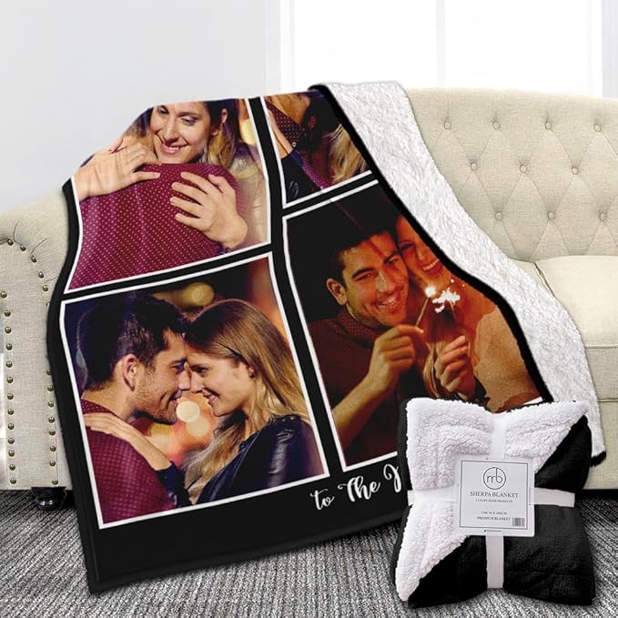 Custom Sherpa Fleece Blanket with Photos, Text, Soft, Warm, Fuzzy Personalized Couples Gifts for Boyfriend, Girlfriend