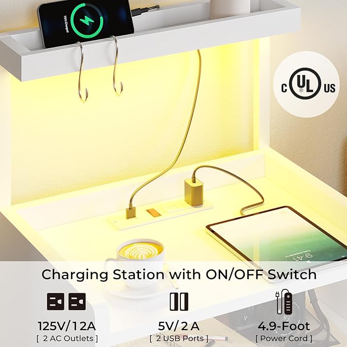 VIAGDO Nightstand with Charging Station and LED Lights, White Night Stand with Drawer, Modern End Side Table with Open Storage Shelves, Bedside Tables for Bedroom, Office