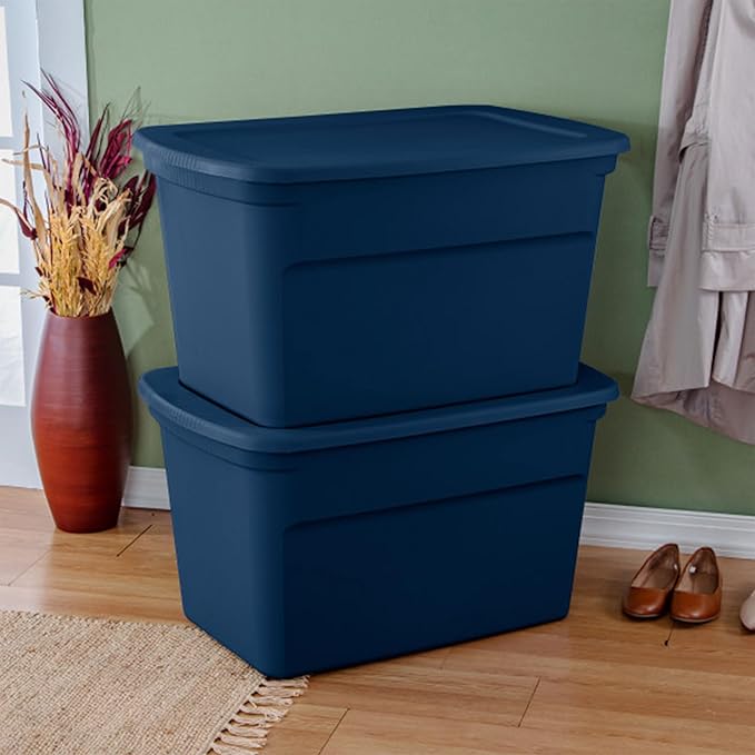 Sterilite 12-Pack Tote, Plastic Storage Bins with Snap Lids, 30 Gallon, Marine Blue - Stackable Home Organizers with In-Molded Handles for Bedroom, Garage, Basement and Attic