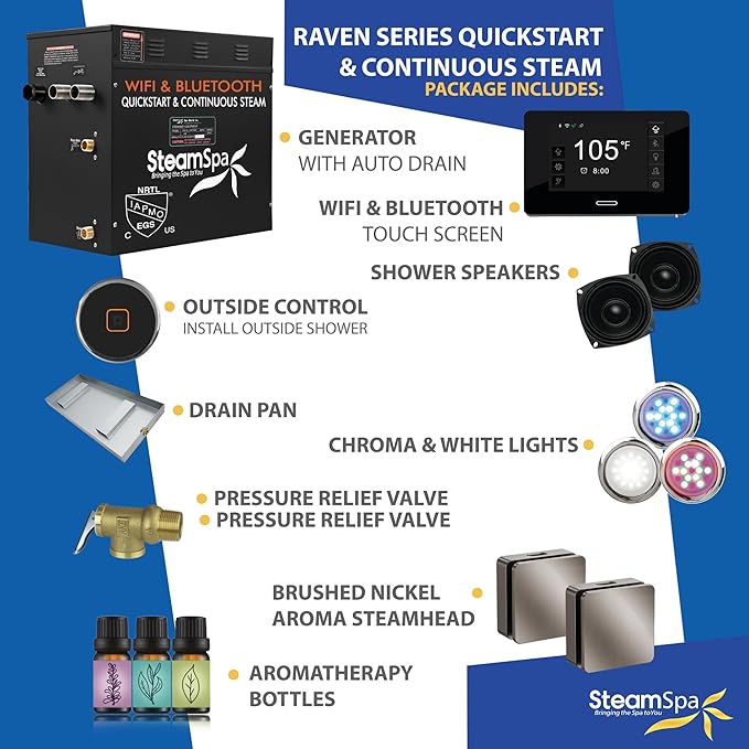 SteamSpa Steam System 12kW Steam Shower Generator with Bluetooth Wifi, Quickstart Continous Steam, Advanced Touch Pad Screen, Chroma Lights, Drain Pan and Auto Drain Brushed Nickel RVBS1200BN-A