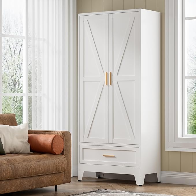 COFaR Metal Storage Cabinet, Farmhouse Storage Cabinet with 2 Doors and 4 Adjustable Shelves - 71" White Kitchen Pantry Storage 5-Tier Tall Steel Cabinets Locker for Kitchen, Living Room, Dining Room