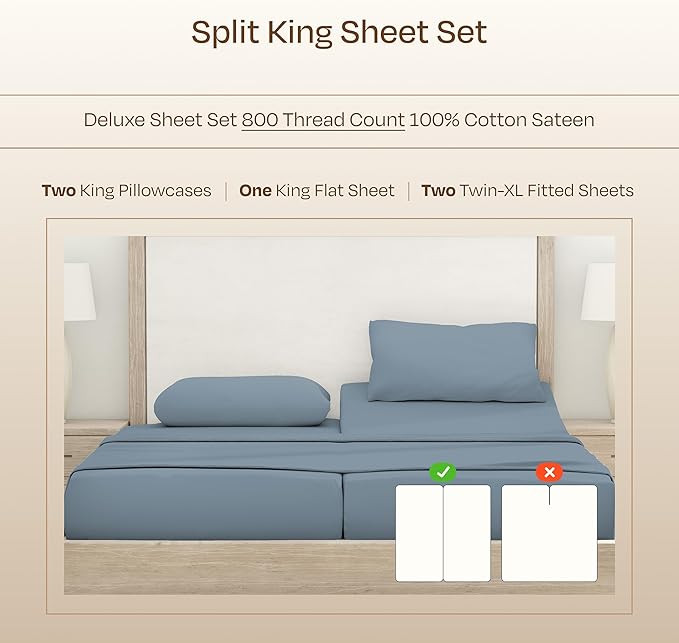 California Design Den Split King Sheets Sets for Adjustable Bed - Buttery Soft 800 Thread Count 100% Cotton Set, Sateen Bedding Set with Durable Twin XL Fitted Sheets - Blue