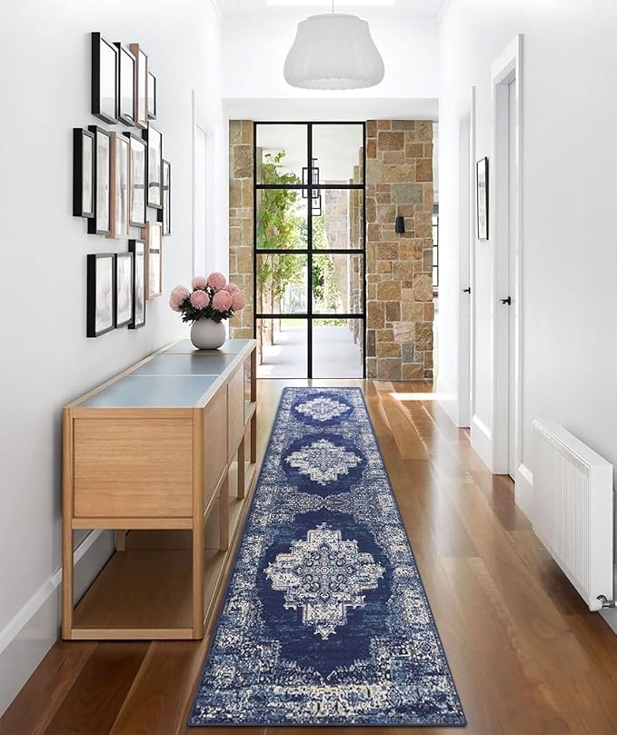 vivorug Runner Rug 2x10 Machine Washable Rug with Non-Slip Backing, Ideal for Kitchen Hallway Entryway Laundry Room - Vintage-Inspired, Durable, Easy Clean, Low Pile Carpet Runner, Navy Blue