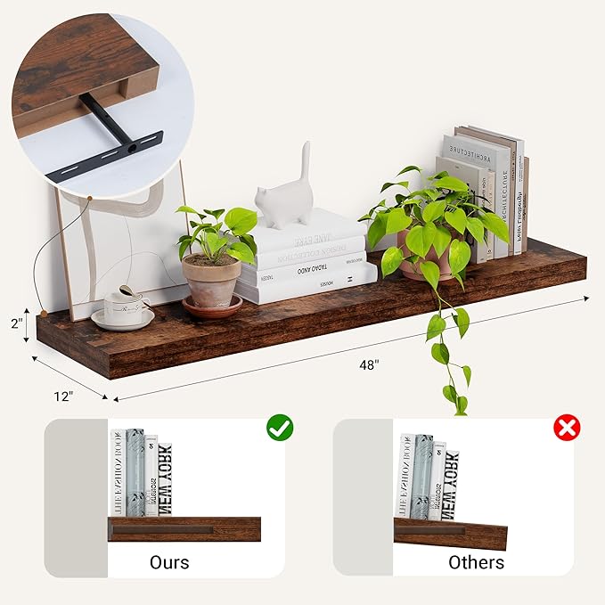 Heimlove 12 Inch Deep Floating Shelves, 72 x 12 inches Long Wall Shelf, Large Extra Display Shelf & Storage Shelf, Rustic Wood Wall Shelves for Fireplace Mantel, Rustic Brown - 1Pack
