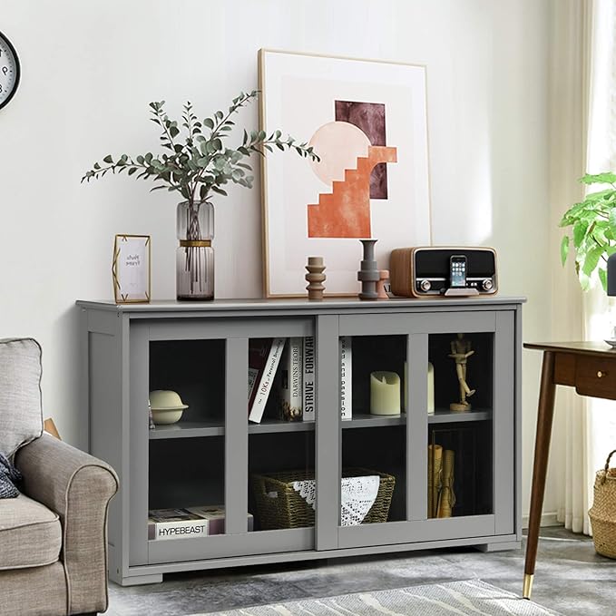 Costzon Sideboard Buffet Cabinet, Wooden Kitchen Storage Cabinet with Adjustable Shelf, Sliding Glass Doors, Accent Coffee Bar Cabinet Console Table for Living Room, Dining Room, Hallway (Grey)