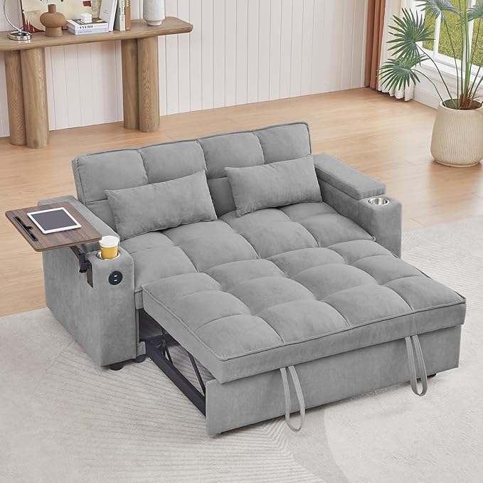 65'' Convertible Sleeper Sofa Bed with Adjustable Backrest, Chaise Lounge, Side Table & USB/Type-C Ports – Stylish & Functional Addition to Any Living Room (Light Grey)