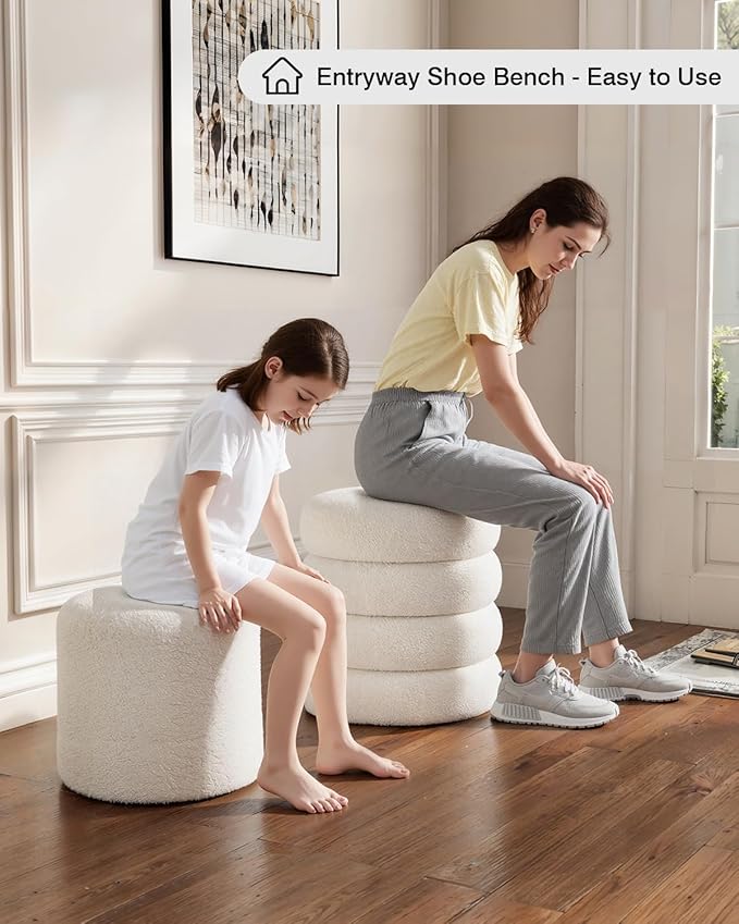 Round Set of 2 Sherpa Storage Ottoman Stool Boucle Vanity Stool Footstool with Removeable lid Load up to 440 lbs for Livingroom Bedroom White UASND68W