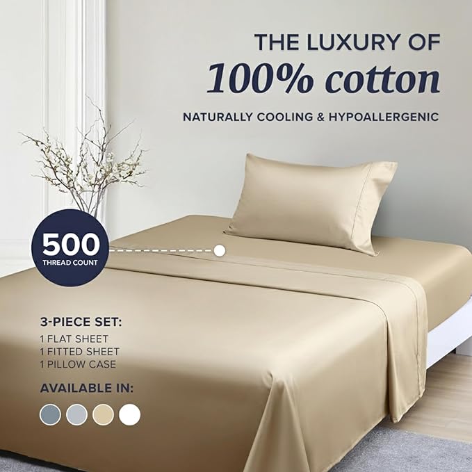 Beckham Hotel Collection Twin XL Sheet Set 100% Cotton, 500TC Luxury Sateen Bedding, 16” Deep Pocket, Moisture-Wicking, 3-Piece, Sand