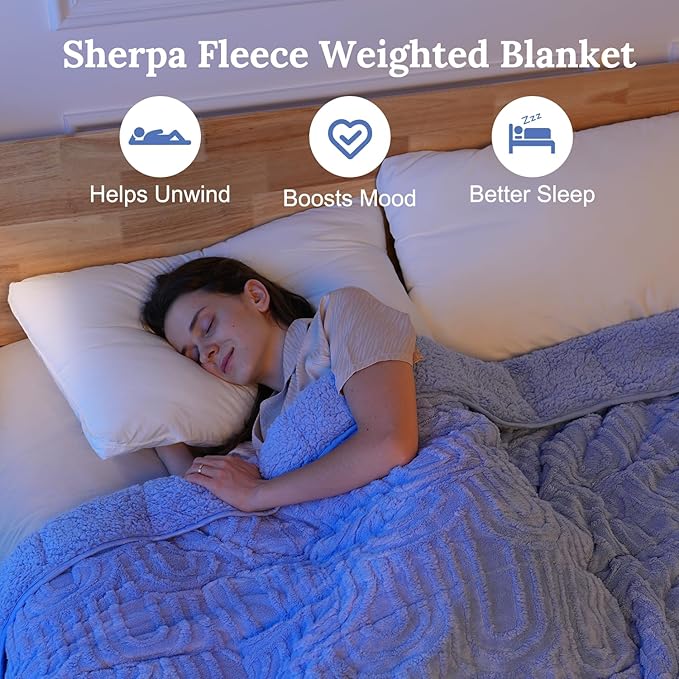 Sherpa Fleece Adult Weighted Blanket Great for Sleep, 15 lbs Dual Sided Soft Fuzzy Heavy Blankets for Couch Bed Sofa, Cozy Warm Fluffy Arched Jacquard Throw for Winter (Blue, 60" x 80", 15 Pounds)
