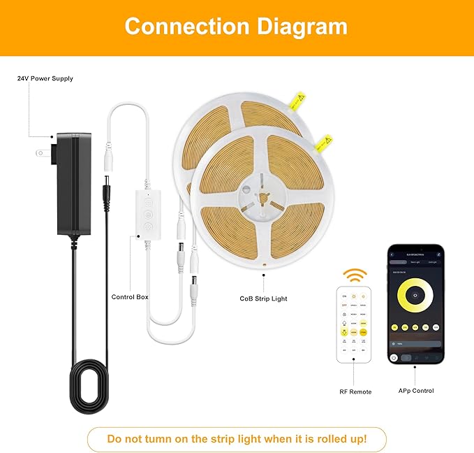 COB LED Strip Light,CCT Dimmable Strips Light,2700K-6500K,65ft/20m,8mm Wide,CRI90+ 24V LED Strips Kit with Bluetooth APP Control/Music Mode,for Bedroom,Kitchen,DIY Lighting
