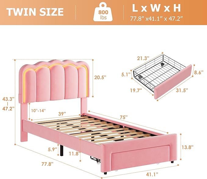 Velvet Upholstered Twin LED Bed Frame with Storage Drawer and Adjustable Chic Double Wavy Headboard, Princess Platform Bed for Girls/Kids, Solid Wood Slats Support, No Box Spring Needed, Pink