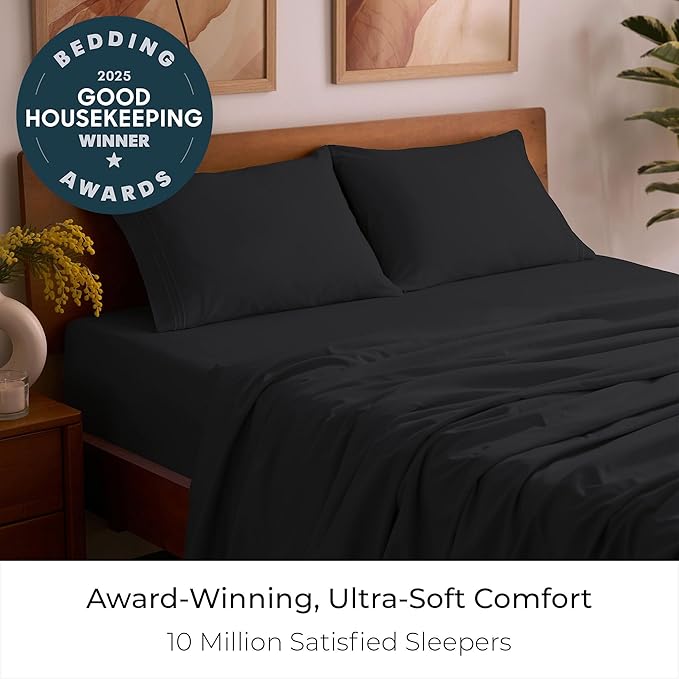 Mellanni Twin Sheet Set - 4-Piece Iconic Collection Bedding, (Including 2 Pillowcases), 16-Inch Deep Pocket, Easy Care, Extra Soft, Cooling Sheets, Brushed Microfiber - Black