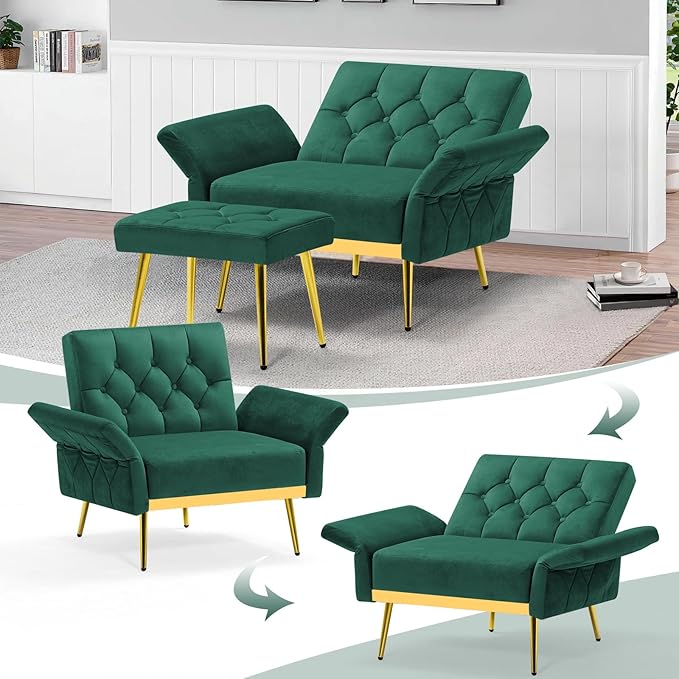 Velvet Accent Chair w/Adjustable Armrests and Backrests, Tufted Single Armchair w/Ottoman, Upholstered Reading Chiar for Living Room, Apartment, Bedroom, Green