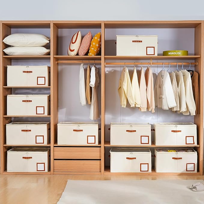 Shoe Organizer for Closet Fit 24 Pairs, Large Foldable Shoe Storage Containers Box Bin w/Adjustable Dividers and Clear Cover, Space Saving Shoe Storage Organizer Box, Beige