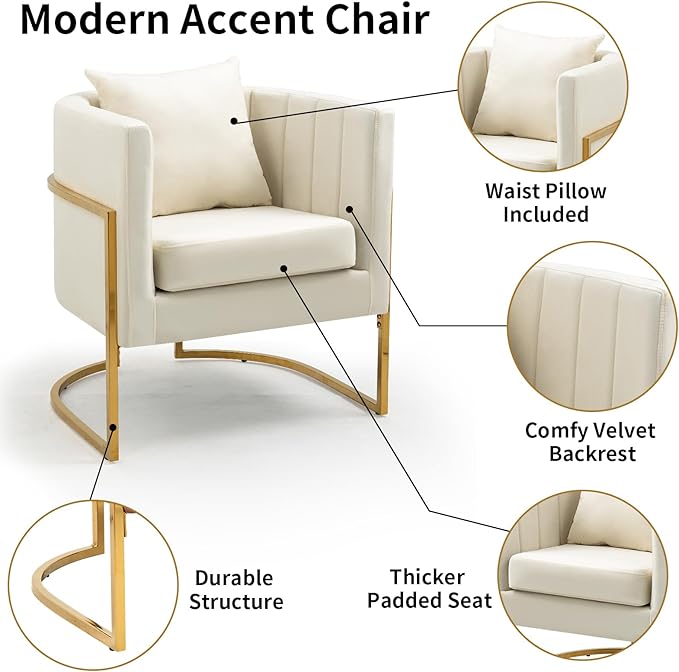 Velvet Accent Chairs Set of 2, Mid Century Modern Upholstered Barrel Armchair with Pillow for Living Room, Comfy Single Club Chair with Metal Gold Legs for Bedroom, White