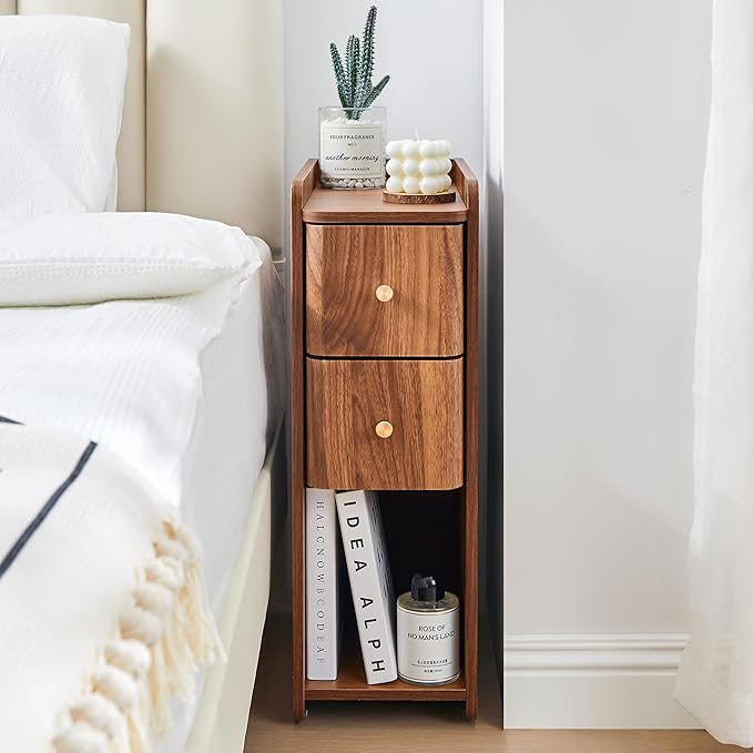 Narrow Nightstand Set of 2, Wooden Small 2 Drawer Nightstand, Slim Side End Table, Skinny Bedside Table, Mid Century Modern Night Stand with Drawers, for Bedroom (Walnut-2pcs)