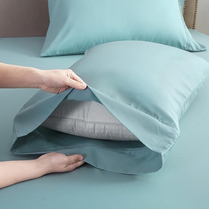 Linen World Lyocell Cooling Bed Sheets Set Queen Size,100% Organically Grown Viscose Sheets,Deep Pocket Up to 16",4 Pieces Silky Soft,Breathable Bedding Sheets & Pillowcases(Ice Blue,Queen)