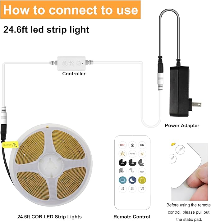 COB LED Strip Light with Remote, Dimmable 24.6FT/7.5M Flexible High Density LED Light,4000K Natural White 2400LEDs Super Bright LED Light Strip CRI 90+ for Bedroom,Kitchen,DIY Home Decoration