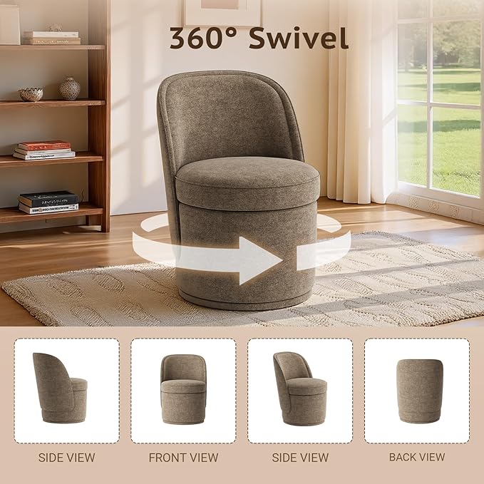 Swivel Accent Chair, 360° Swivel Chair with Hidden Storage, Vanity Chairs, Modern Small Barrel Swivel Armchair for Living Room/Bedroom, Brown