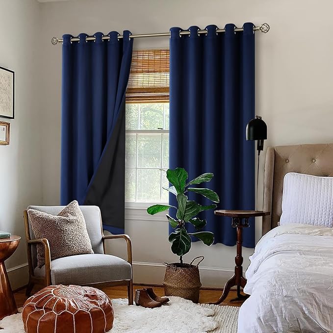 BGment Thermal Insulated 100% Blackout Curtains for Bedroom with Black Liner, Double Layer Full Room Darkening Noise Reducing Grommet Curtain (60 x 63 Inch, Navy Blue, 2 Panels)
