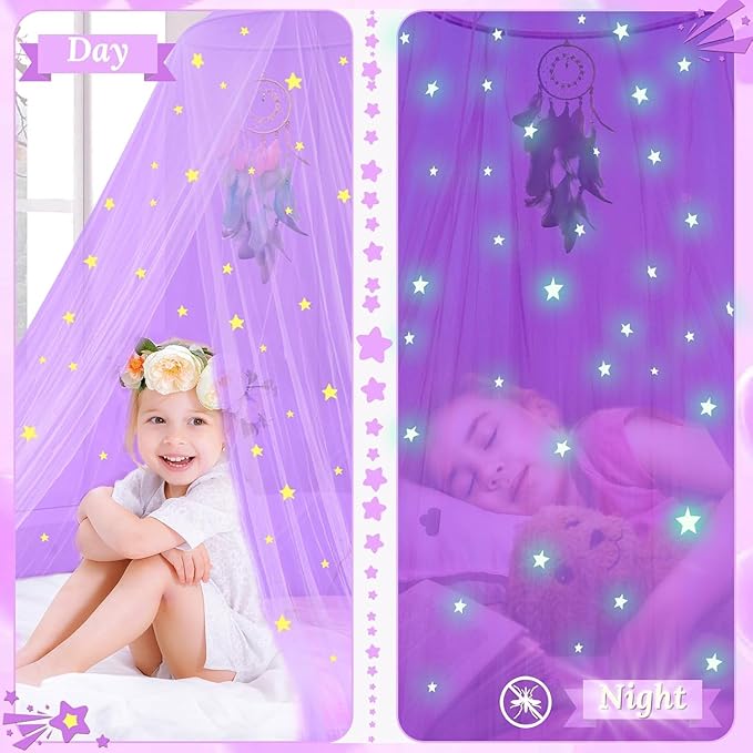 South to East Princess Bed Canopy for Girls with Glowing Stars, Purple Canopy for Girls Room, Bed Canopy Curtains from Ceiling for Twin Beds, Full Size Beds, Ideal Gift for Kids