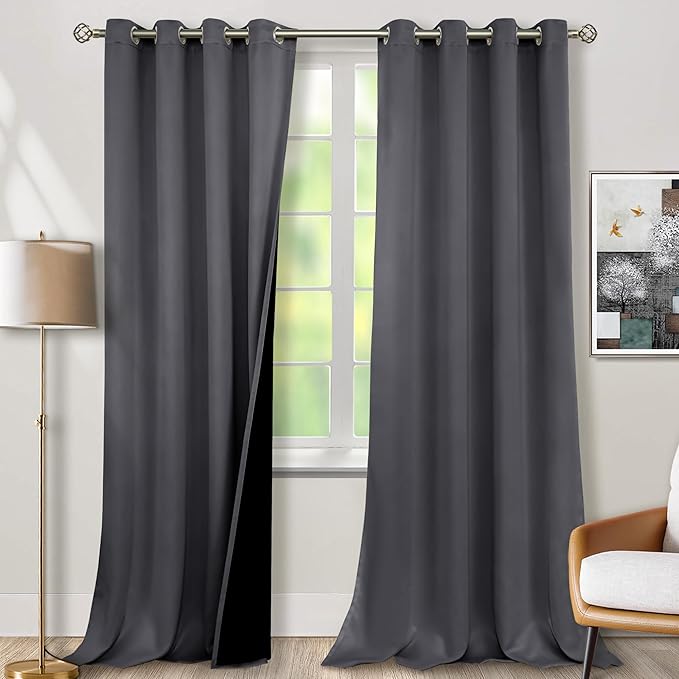 BGment 100% Blackout Curtains 108 Inch Long 2 Panles Set, Thermal Insulated Total Light Locking Soundproof Grommet Curtains & Drapes for Living Room with Black Liner, 52 Inch Wide Each, Dark Grey