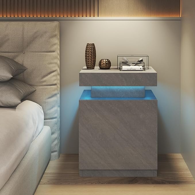 MXV Nightstand Set of 2 with LED Lights,Night Stand with Storage Cabinet for Bedroom,Bedside Table with LED (Grey, 17.7IN)