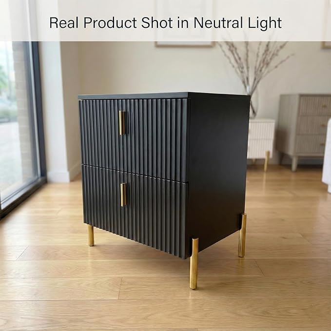 Luxury Fluted Night Stand, Nightstand with 2 Drawers, Modern Bedside Table with Golden Legs and Handles, End Tables for Living Room Bedroom, Black