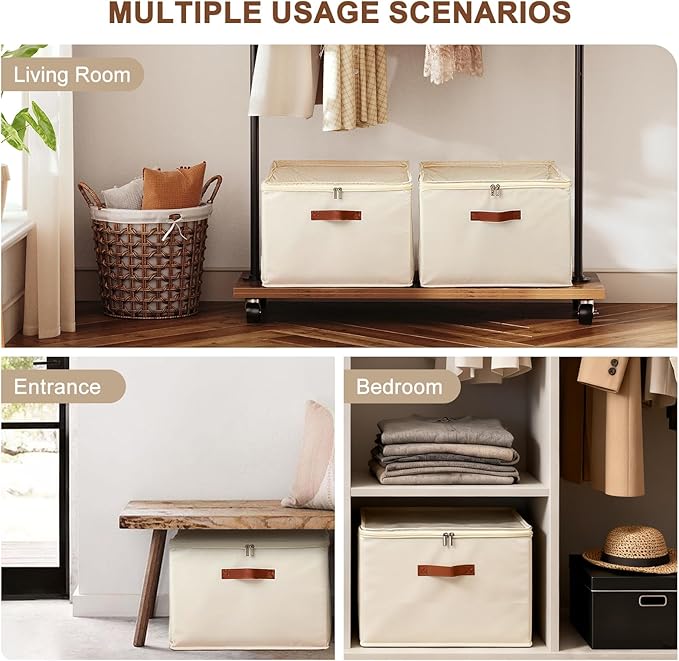 Shoe Organizer for Closet, Foldable Shoe Storage Box with Clear Top Lid, 3 Leather Handles, Adjustable Dividers, Fits 8-16 Pairs, Stackable Shoe Bin for Bedroom (Beige, 1 PCS/16.9*11.8*1.57 inch)