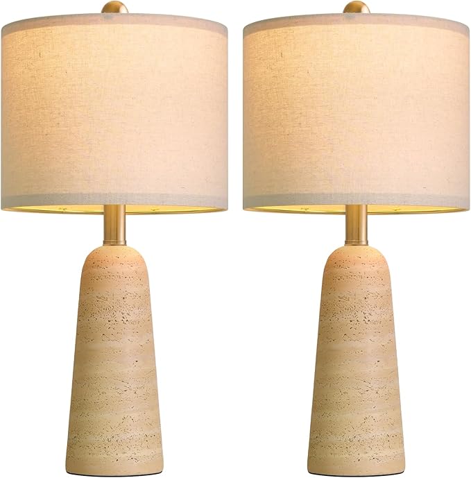 BOBOMOMO 21" Modern Table Lamps Set of 2, Warm Beige Resin Lamp with Stone Look, Small Bedside Lamps for Bedroom, Cozy Nursery Lamps with Linen Shades, Nightstand Lamp for Small Spaces, Entryway