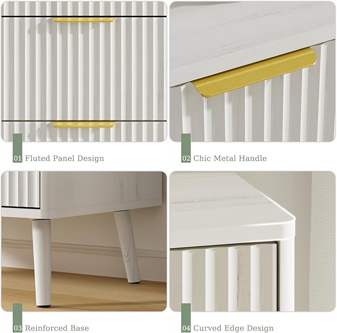 LYNSOM Fluted Dresser and Nightstand Sets 3 Piece, 5-Drawers Dresser and 1-Drawer Nightstands Set of 2, Wood Bedroom Furniture Set for Home, Bedroom, Hallway, White