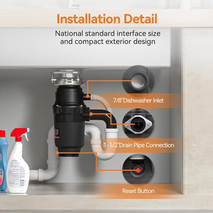 1/2 HP Garbage Disposal, TECASA Food Garbage Disposal with Power Cord, Stainless Steel Grinding System and 3-Bolt Mounting, Continuous Feed Compact Garbage Disposals, UL Certified, Taskmaid Series 50