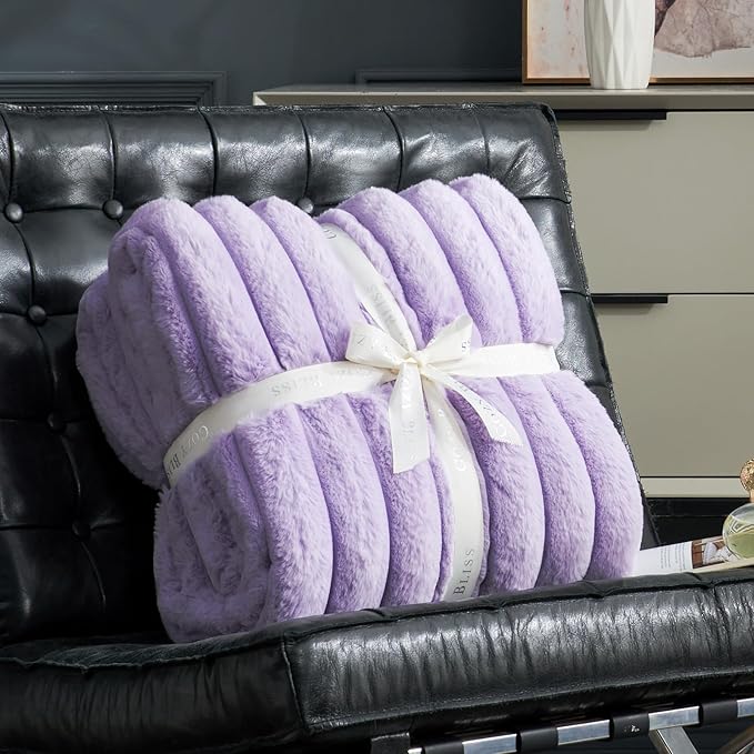 Cozy Bliss Faux Fur Throw Blanket for Couch, Cozy Warm Plush Striped Blanket for Sofa Bedroom Living Room, 90 * 90 Inches Lavender