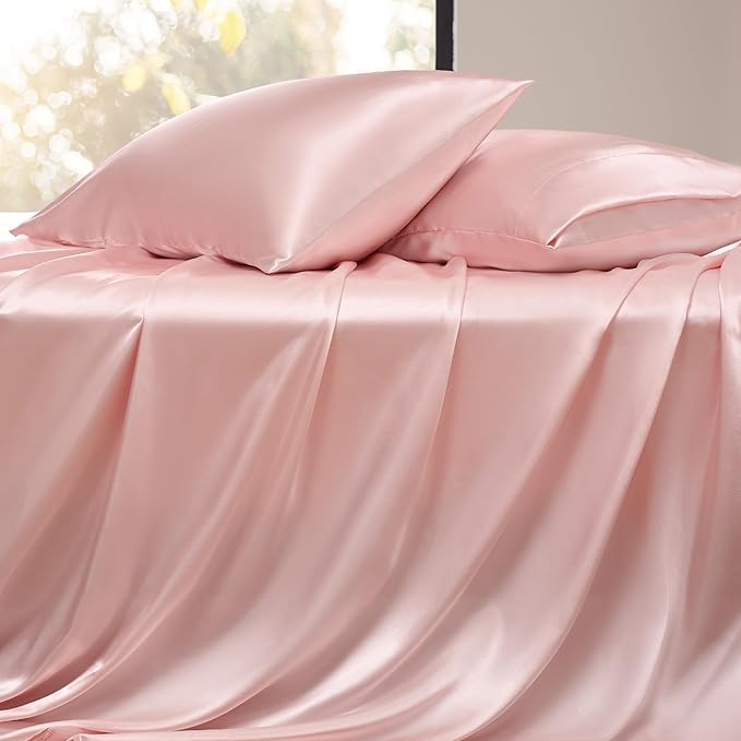 Bedsure Pink Satin Sheets Full Size - 4 Piece Silky Bedsheets with 15 Inches Deep Pocket Fitted Bedsheet,1 Flat Sheet, 2 Satin Pillowcases, Good for Hair & Skin (Full, Pink)