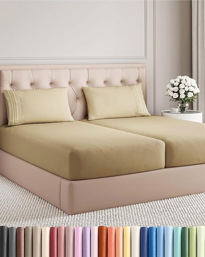 Split King Size 5 Piece Sheet Set - Comfy Breathable & Cooling Bed Sheets Set - Hotel Luxury Bedding for Women, Men, Kids, Teens, Boys & Girls - Deep Pockets, Soft and Wrinkle Free - Oeko-Tex - Beige