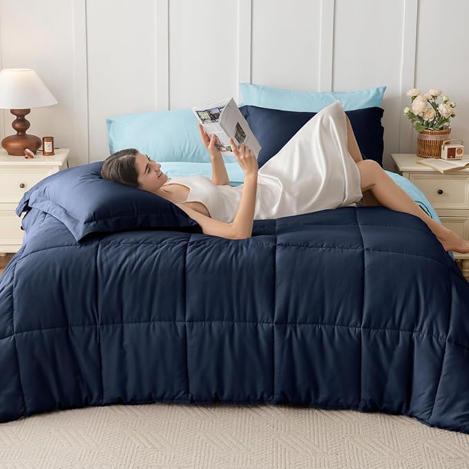 JOLLYVOGUE Twin Comforter Set, Ultra-Soft Bed in a Bag Twin Size 5 Pieces, Oeko-TEX Certified Bedding Set with Down Alternative Comforter, Sheets, Pillowcases & Shams, Navy & Light Blue