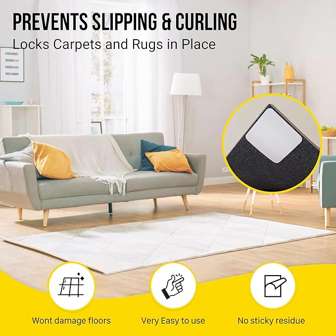 Alien Grip Rug Gripper Carpet Tape - 12pcs, 4x4 in. Anti-Slip Hardwood, Tile Floor, No Damage - Double Sided Reusable, Non Slip Corner Rug Pads - As Seen on TV