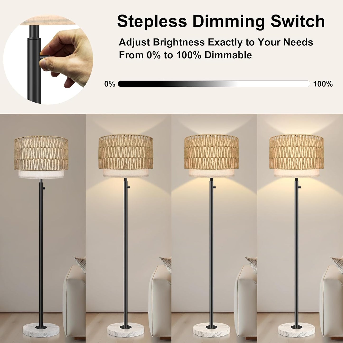 Floor Lamp for Bedroom,Dimmable Rattan Floor Lamp,Modern Standing Lamp with Marble Base,Tall Standing Lamp for Bedroom, Reading,Office & Kids' Room,LED Bulb Included(Rattan)