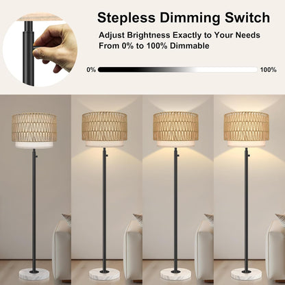 Floor Lamp for Bedroom,Dimmable Rattan Floor Lamp,Modern Standing Lamp with Marble Base,Tall Standing Lamp for Bedroom, Reading,Office & Kids' Room,LED Bulb Included(Rattan)