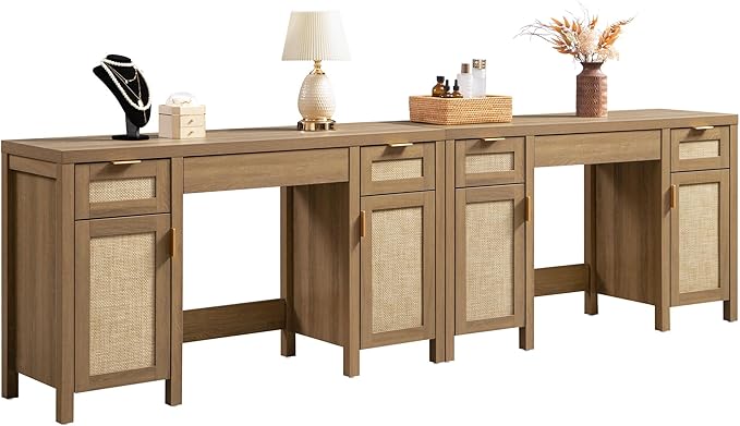 SICOTAS 2 Pieces Rattan Vanity Home Office Desk - Big Boho Makeup Vanities Benches with Drawers & Storage Cabinets, Dressing Vanity Table for Makeup Room, Bedroom, Home Office, Oak
