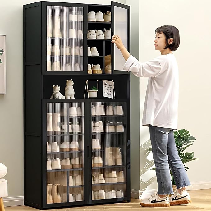 Bamboo Shoe Cabinet with Acrylic Door,11-Tier Shoe Storage Rack, 40-45 Pairs Freestanding Shoe Rack, Entrance Shoe Cabinet for Hallway Living Room