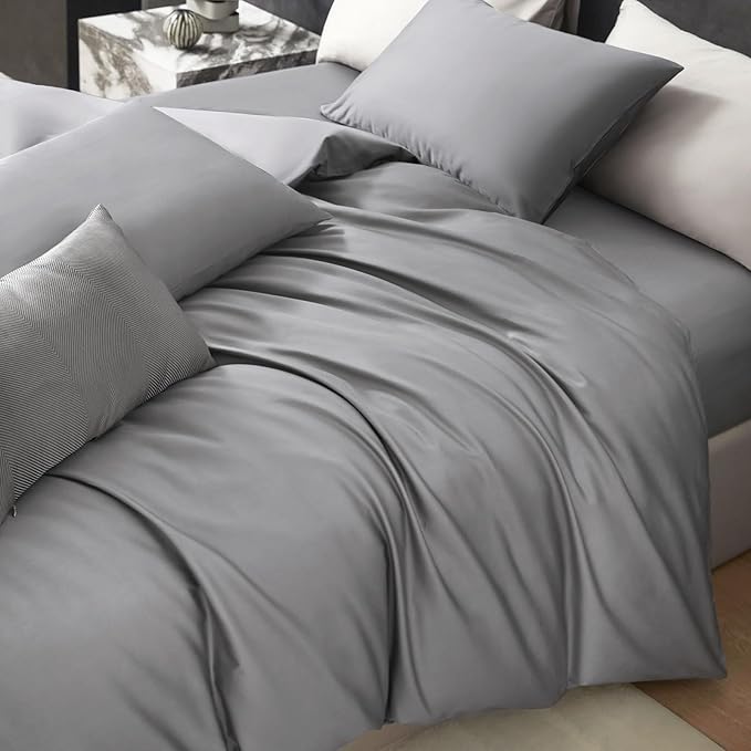 PURE ERA Duvet Cover Set 800 Thread Count Long Staple Cotton Sateen Silky Soft Luxurious Smooth 3 Piece Set Solid Deep Grey King
