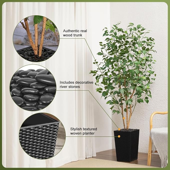 6ft Artificial Ficus Tree,Tall Faux Tree with Silk Leaves & Real Wood Trunk,UV Resistant Potted Fake Plant with Pebbles & Planter-Indoor Outdoor Floor Plant for Home Living Room,VN129